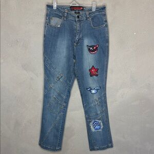 Trendy Blue Denim Women's Pants with Fun Patches